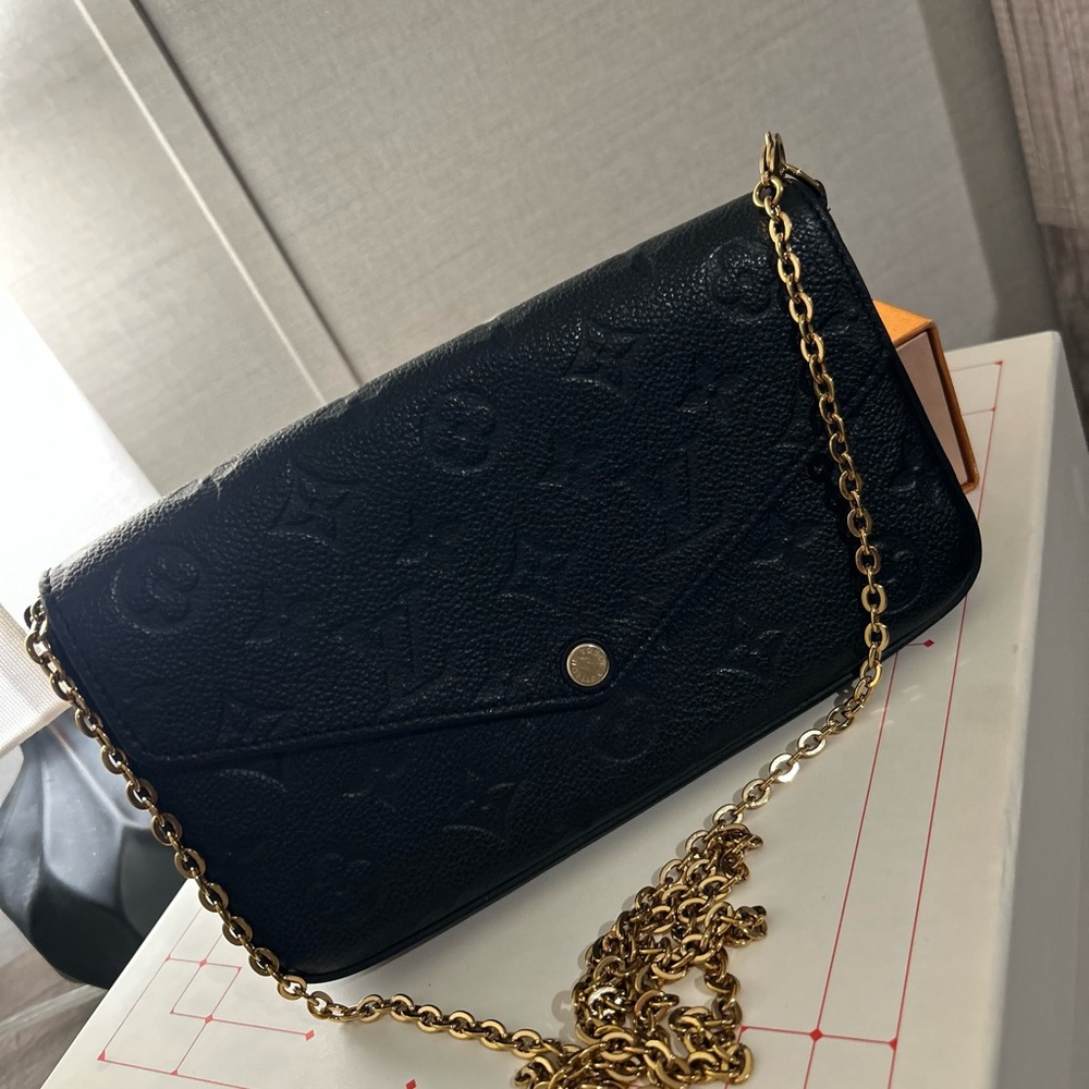 Louis Vuitton Black Monogram Clutch with Gold Chain